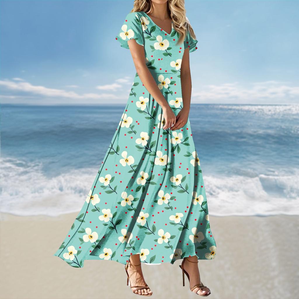 Женское свободное повседневное платье с V-образным вырезом, короткими рукавами, завышенной талией и принтом