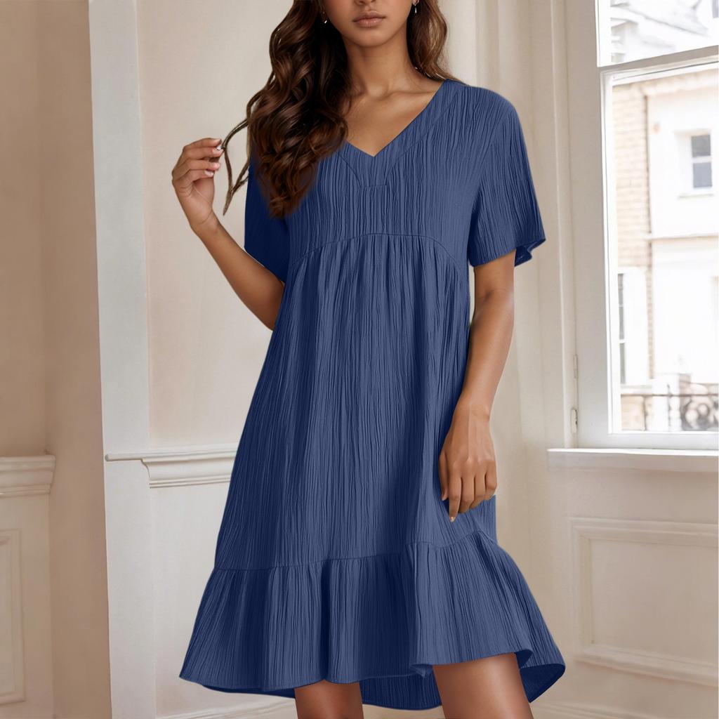 Женское повседневное и модное однотонное платье, свободное платье с короткими рукавами и застежкой на талии