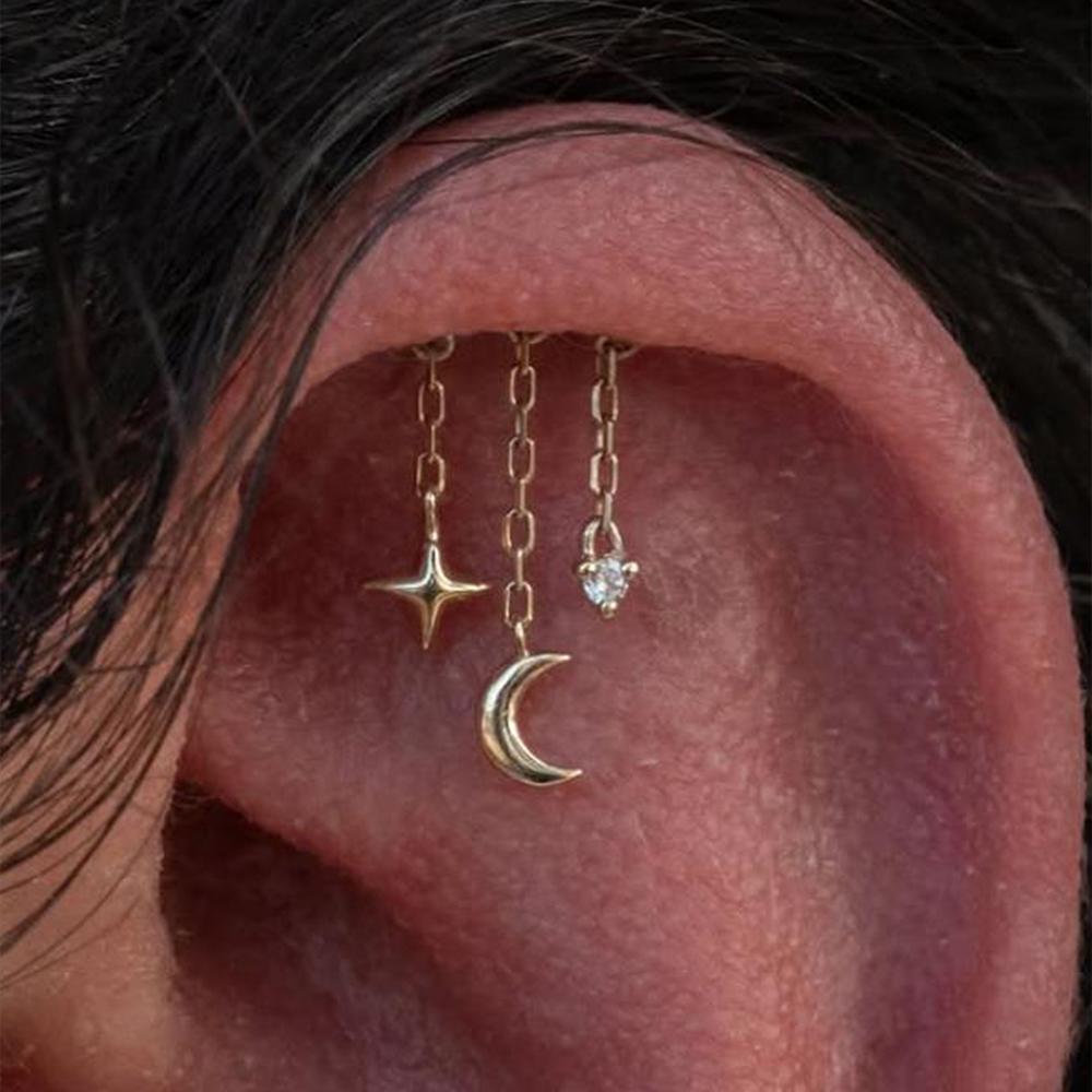 925 Silver Flat Back Trendy Zircon Moon Star Women Piercing Earring