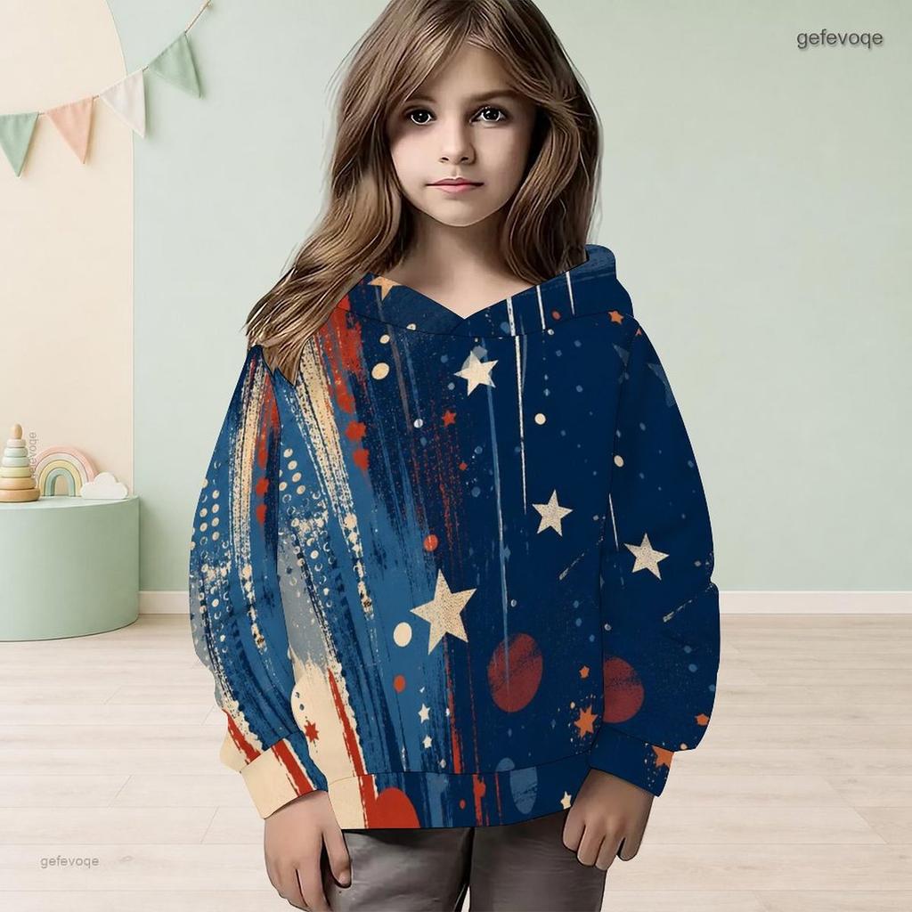 Girls Navy Blue Star Printed Long Sleeve Hooded Pullover Sweatshirt