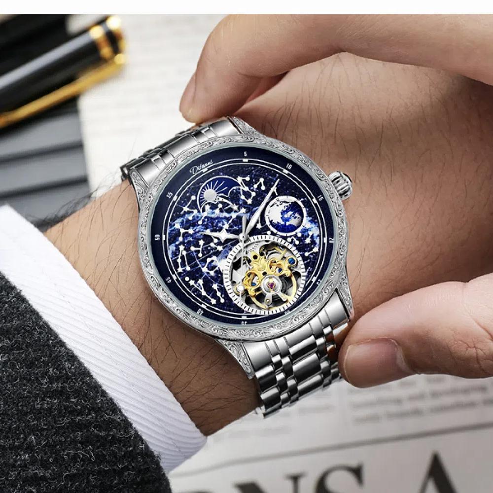 Dulunwe Механические часы Brilliant Starry Sky Luminous Tourbillon, уникальные мужские наручные часы Hollow Skeleton с автоматическим механизмом