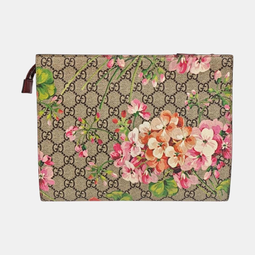 [Pre-Owned] GG Blooms Logo Canvas And Leather Clutch Bag Large - Very Good #184M48X