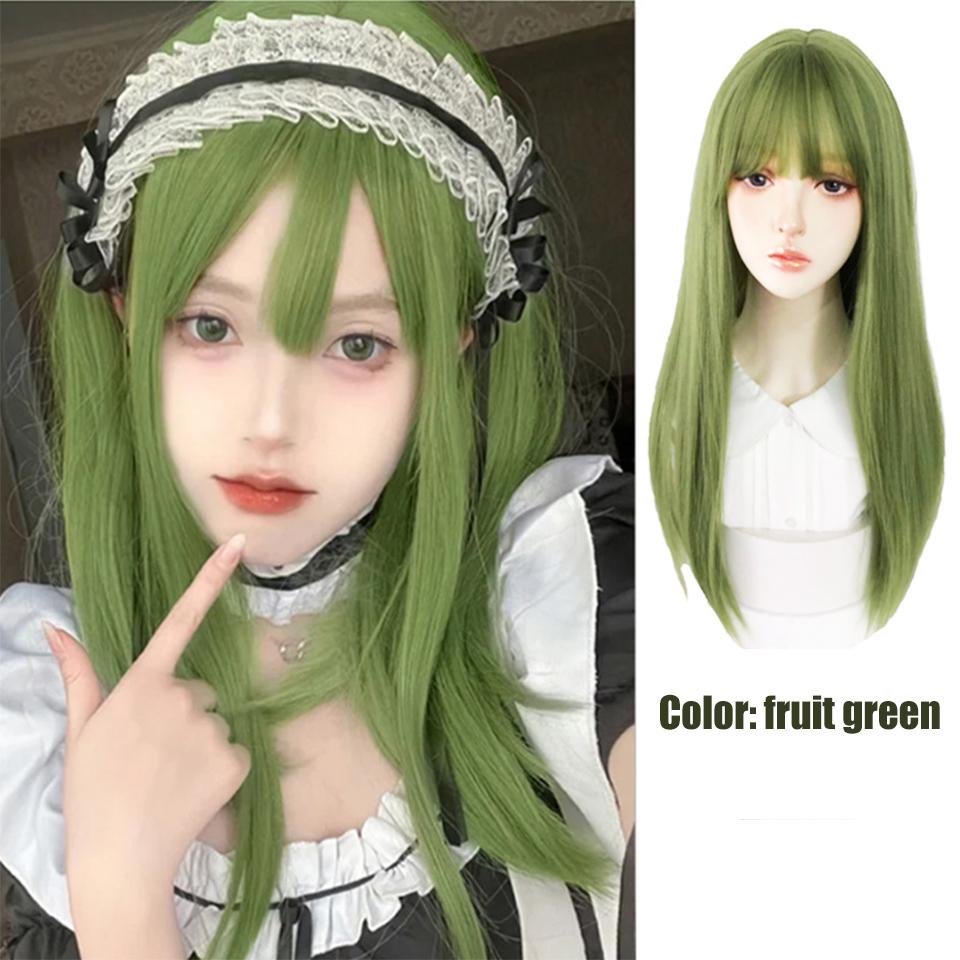 WTB Fruit Green Straight Hair Synthetic Wig Headgear Female Green Straight Hair Natural High Temperature Silk Wig Headgear