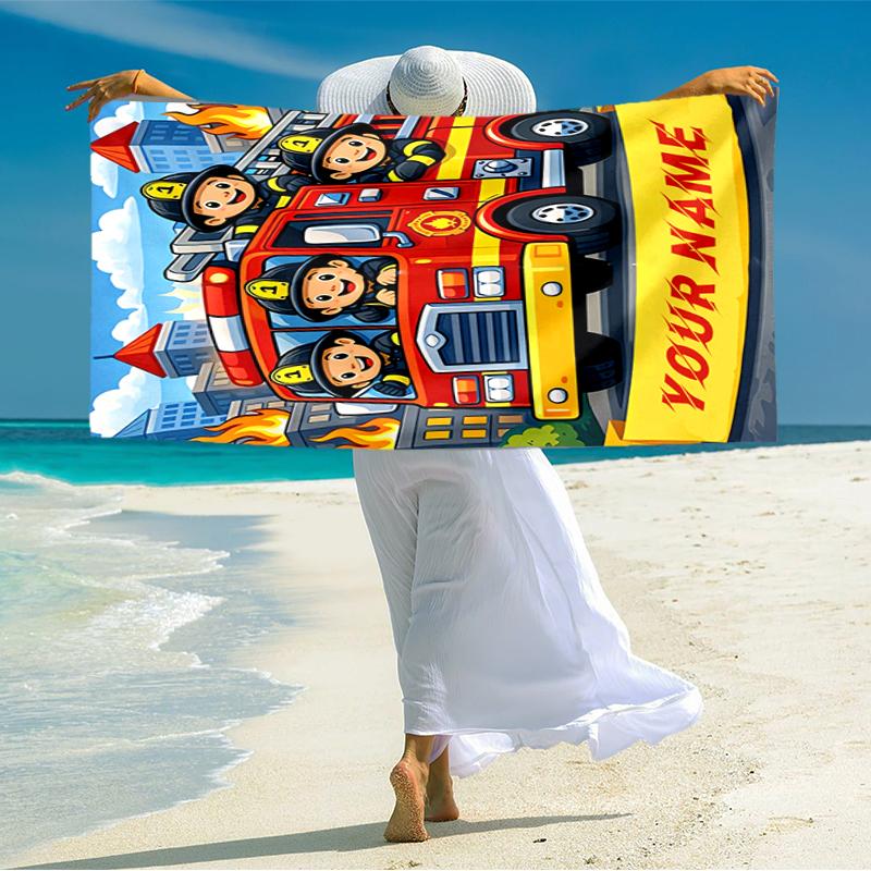 1PC Custom Name Fire Truck Adventure Beach Towel Highly Absorbent And Sand-Resistant Towel for Swimming, Pool, Yoga, And Travel Lightweight