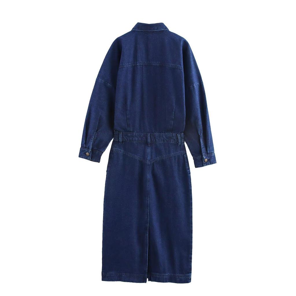 Women's Spring 2025 POLO Collar Denim Belted Lapel Dress