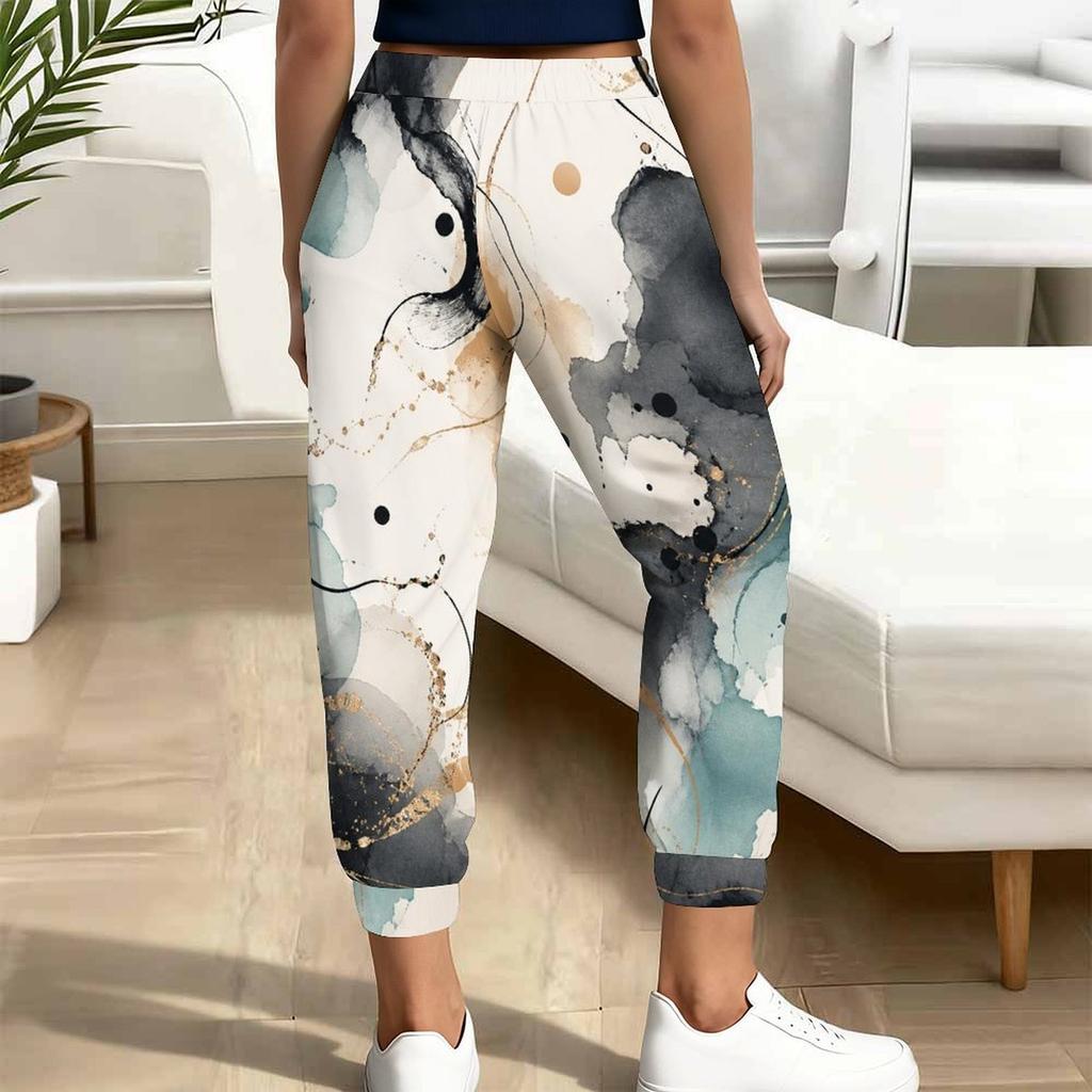 Women Plus Size White Abstract Printed Jogger Pants Drawstring Waist Side Pockets Cuffed Ankle