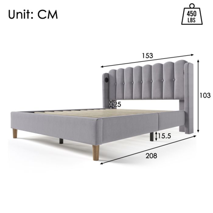 Lit double capitonné - MUVOE - 140 x 200 cm - Tête de lit avec USB - Matelas inclus - Gris