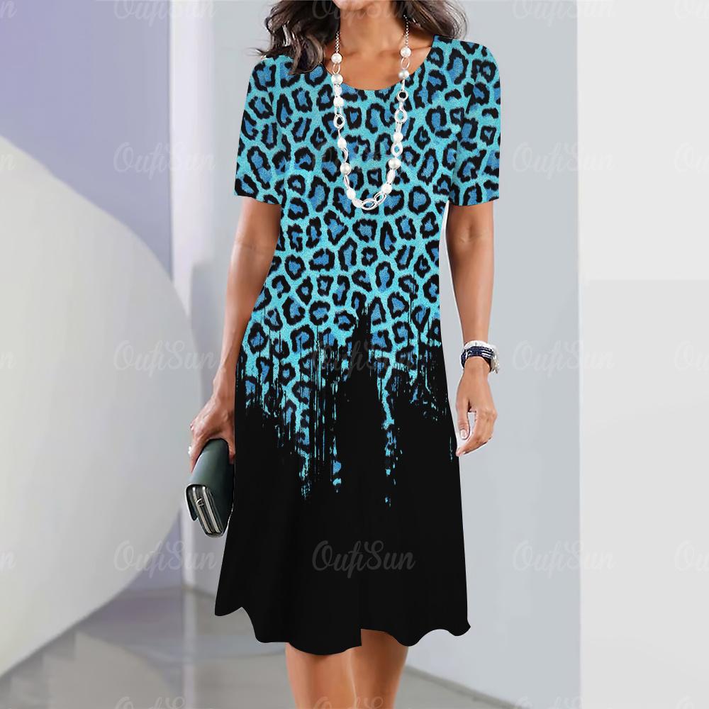 Женская мини-юбка с леопардовым принтом, модные летние платья до колена, уличные элегантные игривые платья 2023 года с круглым вырезом, женские топы, пуловеры