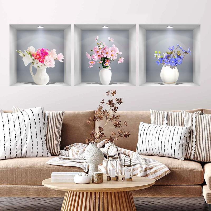 3pcs/set Wall Sticker Self-adhesive 3D Simulation Watercolor Home Decor Removble Wall Decals Potted Plant Stickers Flower Pots
