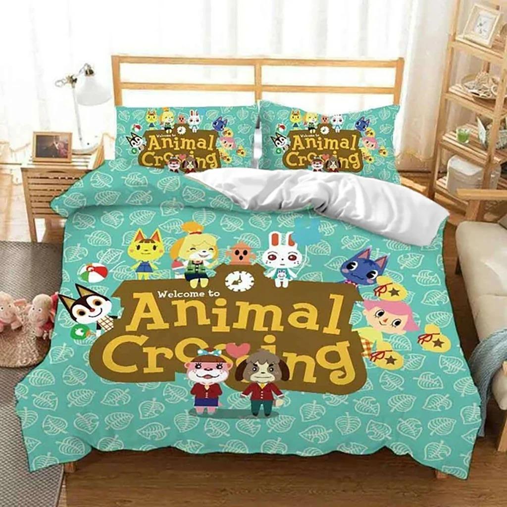 Комплект постельного белья Cartoon Animal Crossing для мальчиков и девочек, двуспальный размер, пододеяльник, наволочка, детская кровать, взрослая мода, домашний текстиль