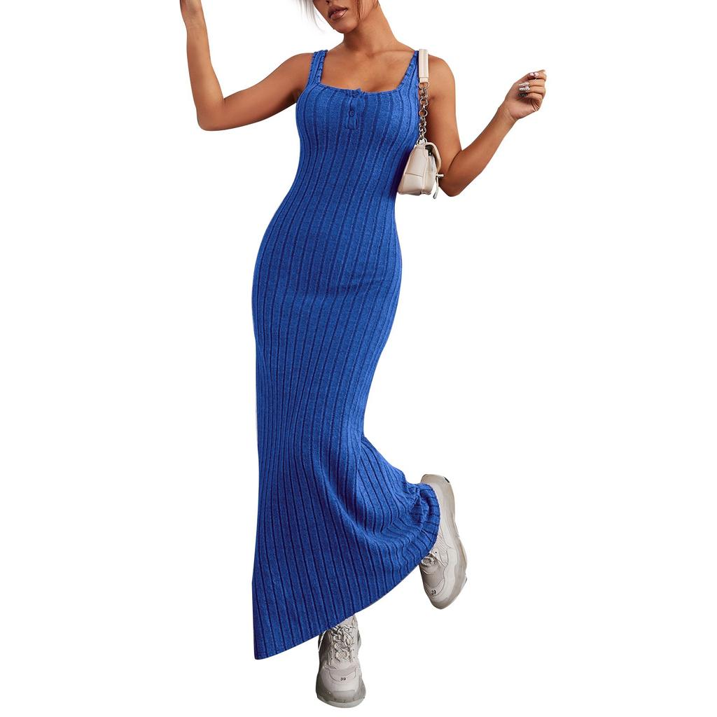 Женские летние повседневные длинные платья без рукавов с пуговицами на шее, облегающие платья с эластичным кроем