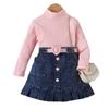 Girls' Fashion Set, Summer Children's Casual Solid-color Long-sleeved Top, Denim Pleated Skirt Set