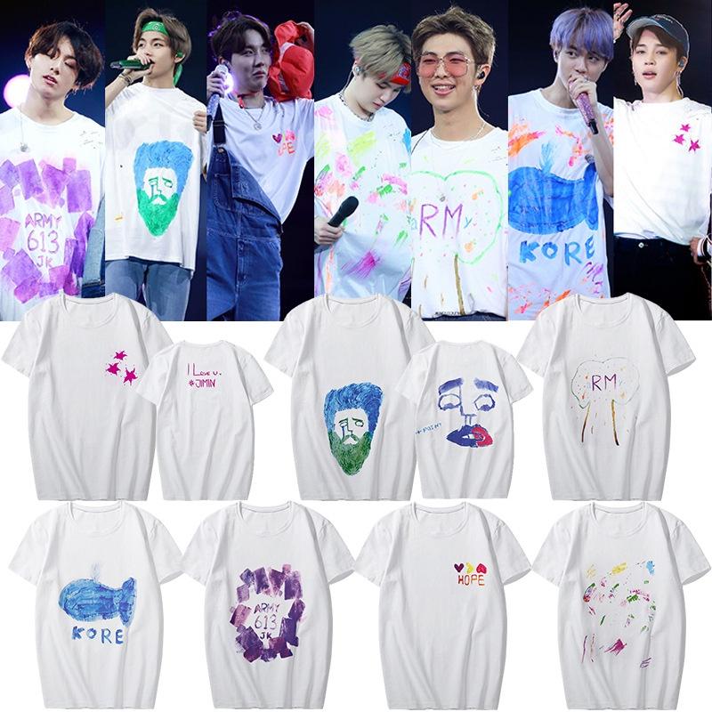 Kpop Граффити Bts Хлопковая футболка Suga Jimin V Графическая футболка Унисекс Парная футболка S