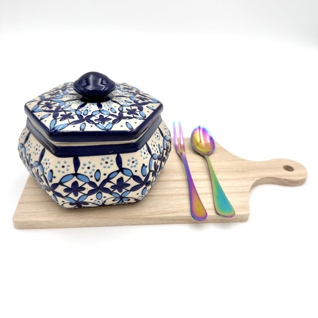 Mexican Servin Ware Sugar Pot Set with Lid, 380ml Capacity, 5.5cm X 9cm (Includes Cutting Board, Spoon, and Fork) [Used]