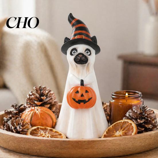 Cute Ghost Puppy Ornaments Halloween Dog Figurine, Wizard Hat Pumpkin Resin Statue, Tabletop Decor Window for Entryway Bar Party, Lovely Holiday Gift