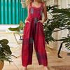 Sleeveless Square Collar Jumpsuit Pockets Wide Leg Ankle Length Retro Plaid Pattern Suspender Playsuit Streetwear