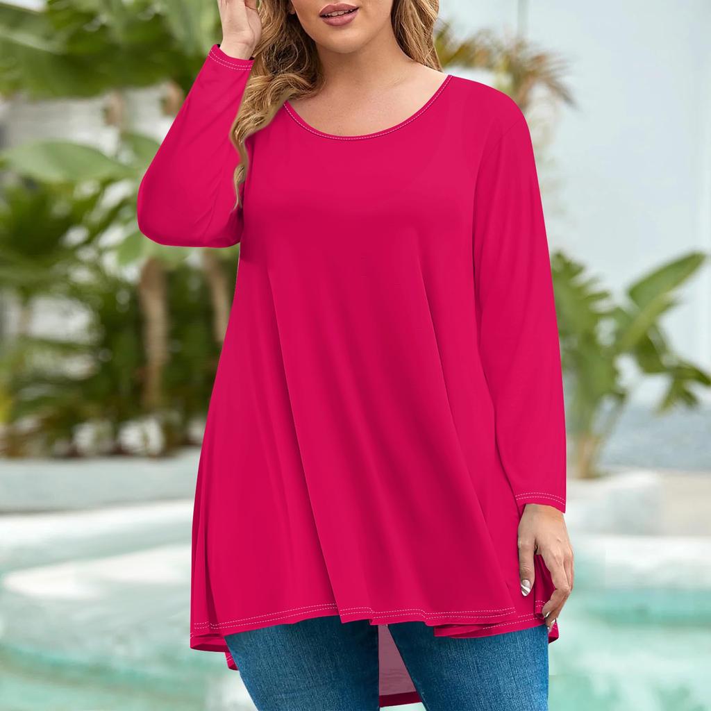 Женская мода большого размера с круглым вырезом и длинным рукавом, повседневный однотонный свободный пуловер