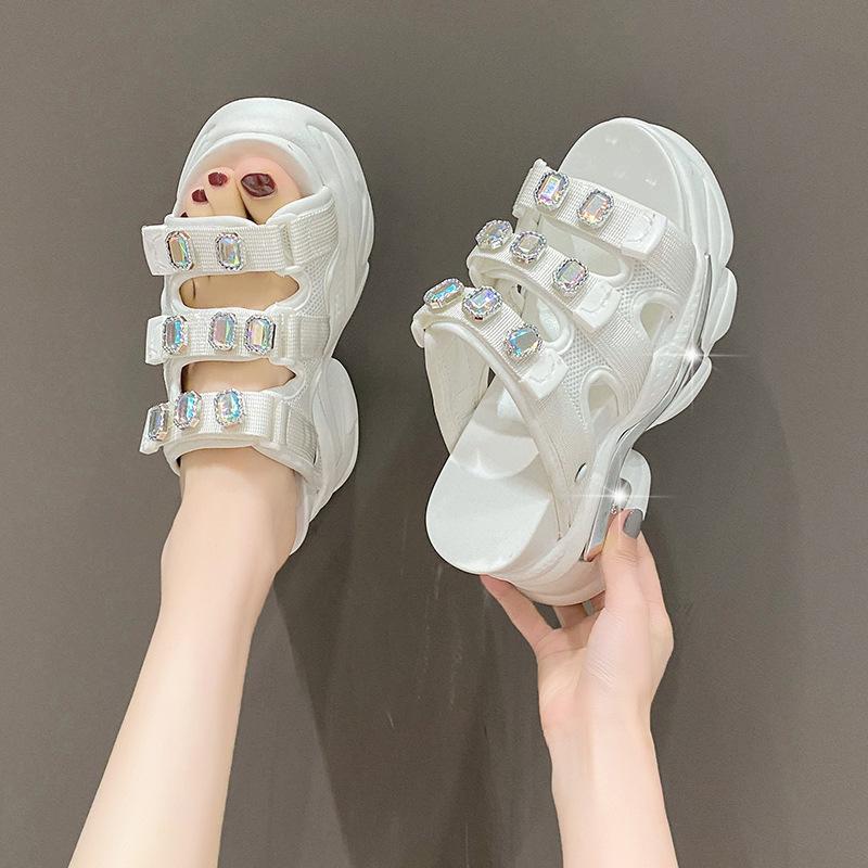 Классические тапочки на каблуке-каблуке, женские повседневные босоножки с круглым носком и толстой подошвой с ромбовидным узором, летние модные повседневные босоножки