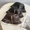 Winter Retro Washed PU Leather Flat Top Bucket Hat Ladies Velvet Inner Warm Windproof Fashion Basin Hat