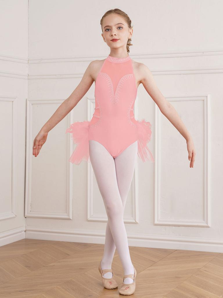 Детский сетчатый купальник без рукавов со стразами для девочек и тюлевые юбки, костюмы для балета, джаза, латинского танца