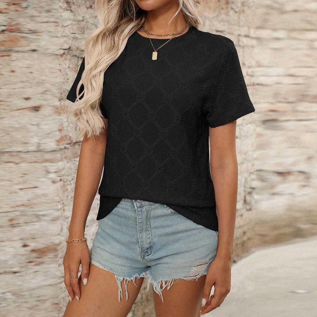 Women's Fashion Solid Color Round Neck Short Sleeved Pullover T-shirt Top