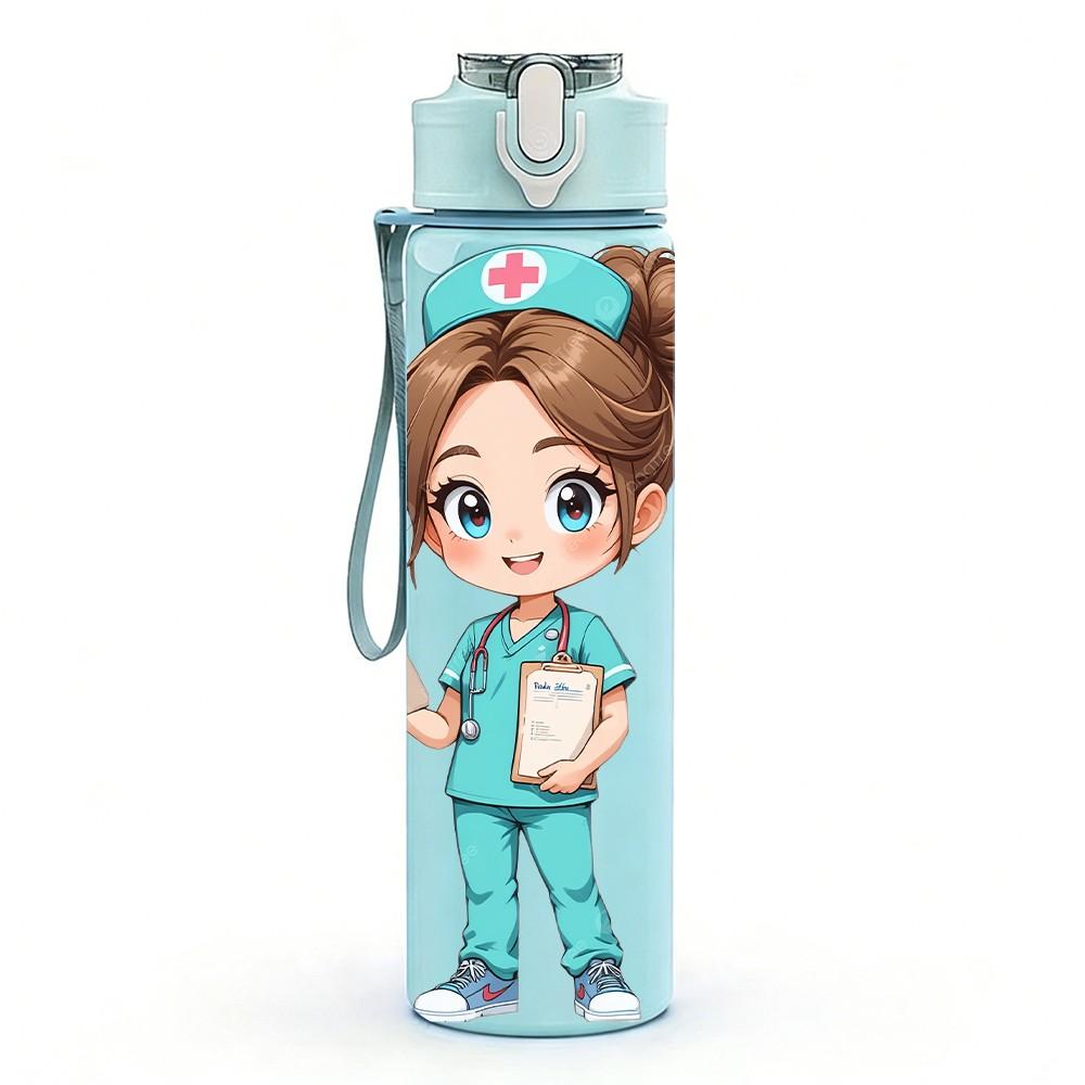 1PC Nurse Doctor Girl Character 750ml Color Plastic Sports Water Bottle Leakproof Flip Straw Lid Suitable for Sports Office Home Use