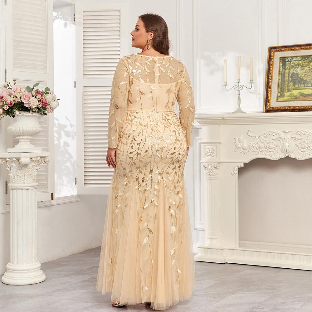 Элегантное платье-русалка с вышивкой больших размеров, круглый вырез, длинный рукав, на подкладке, молния сзади