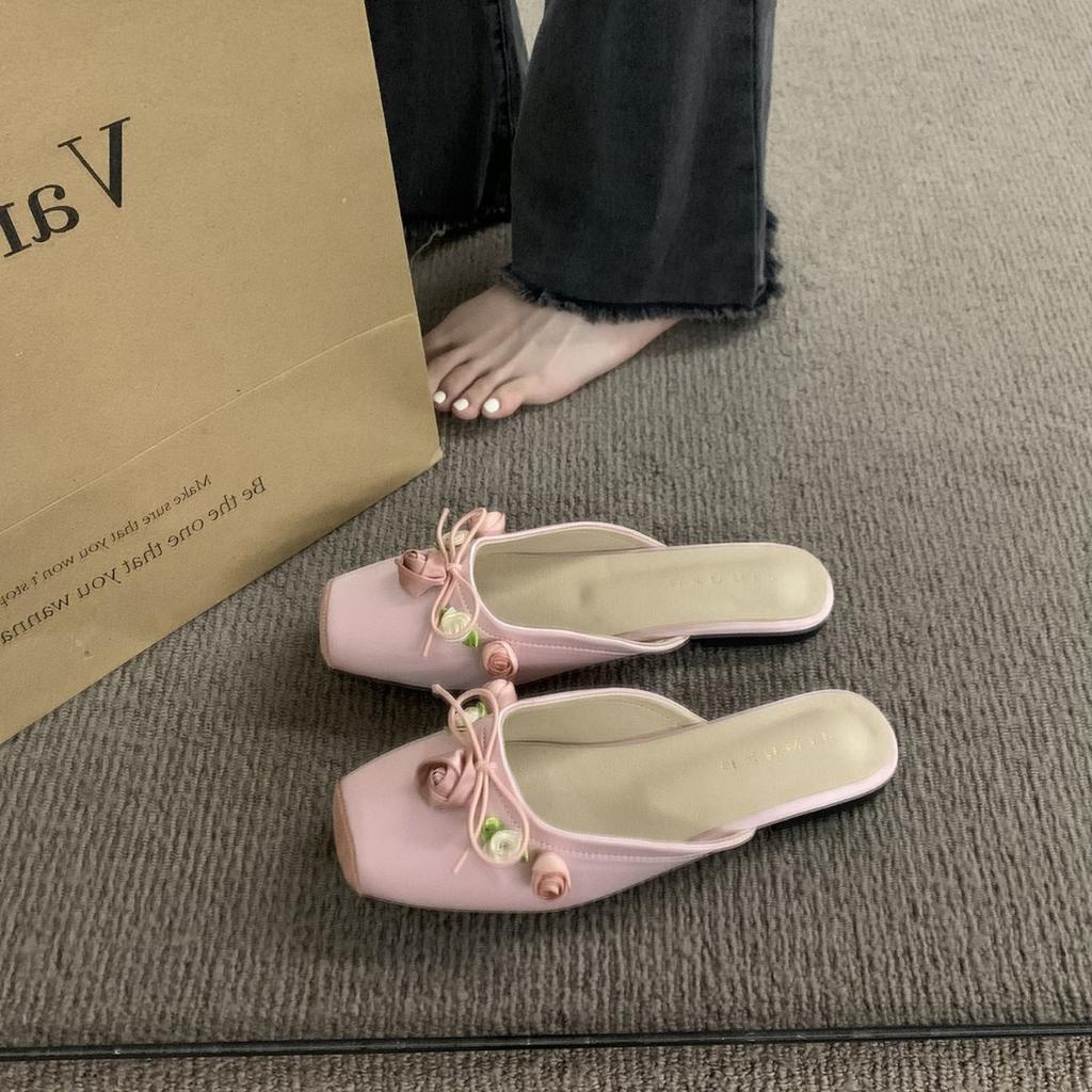 Half Slippers 2024 New Flat-bottomed Bag Head Slippers Fairy Style Single Shoes Wearing Sandals Pink Muller Women's Shoes