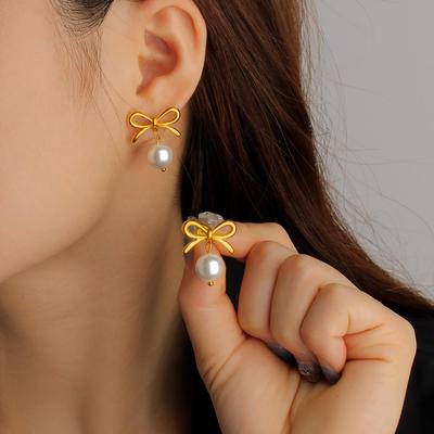 Серьги-гвоздики из титановой стали с жемчугом в виде банта 18K для женщин - Простая модная бижутерия в стиле INS