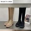 Winter Warm Cotton Women Stretch Knee-High Boots Fashion Slip On Vintage Square Heels Ladies Concise Long Botas De Mujer