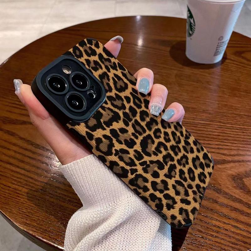 Fashion Brown Black Leopard Leather Case For iPhone 15 16 Pro Max 11 12 13 Mini 14 Plus Soft Shockproof Silicone Full Cover