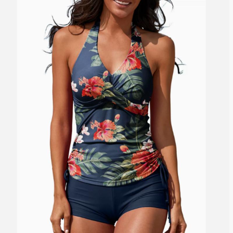 Классический черный комплект танкини с завязками на шее, купальник-боксер с рюшами и перекрестными вставками по центру, женская одежда для плавания и купальники