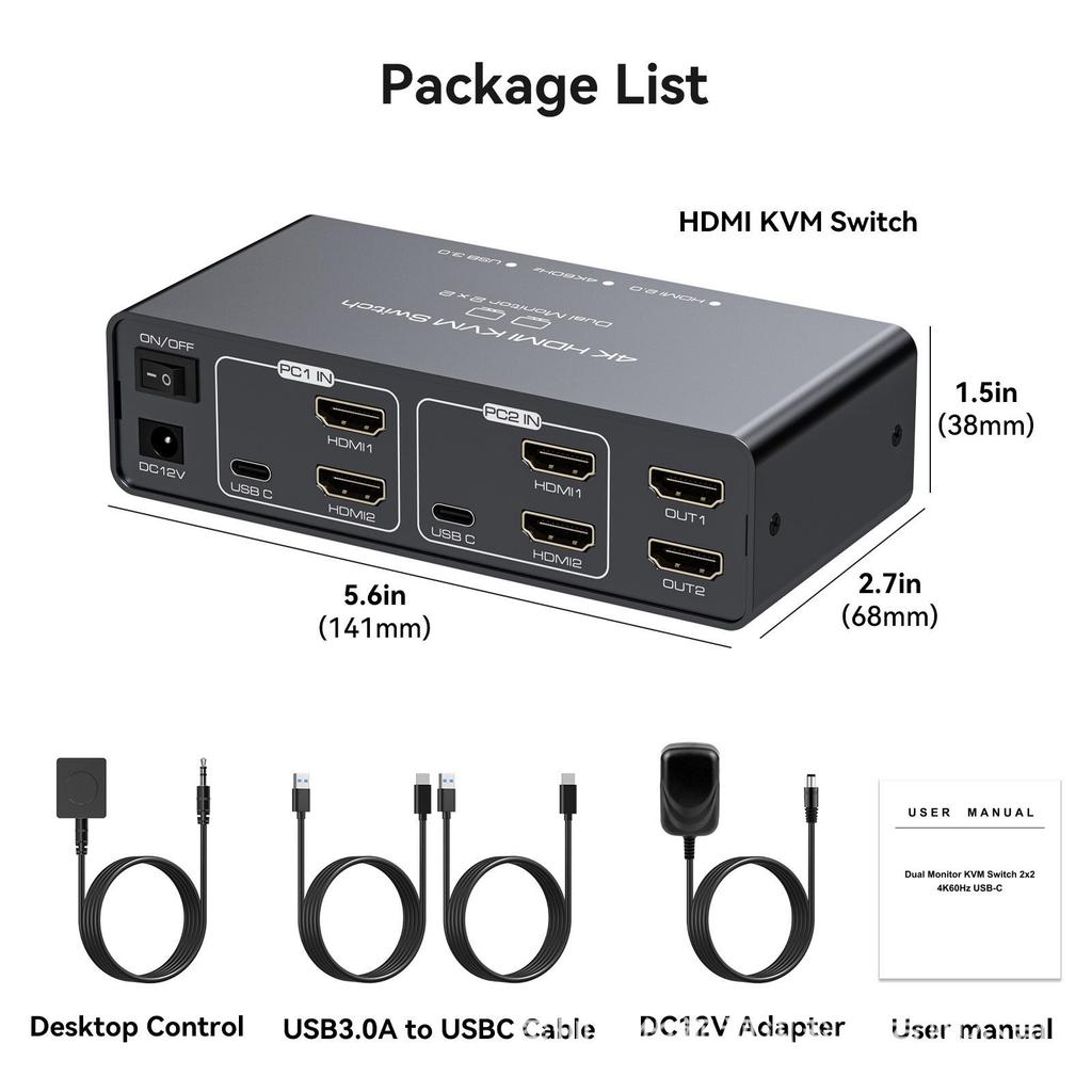 Dual HDMI 2.0 & USB 3.0 Input Hub with HDMI & Quad USB Output