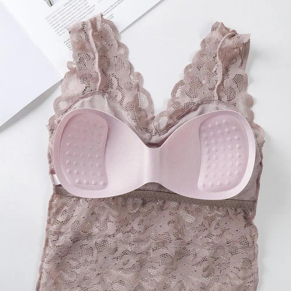 Women's Long Wide Shoulder Strap Lace Beautiful Back Wrapped Chest Stripes Anti-light Bottoming with Chest Pad No Steel Ring Underwear Stealth