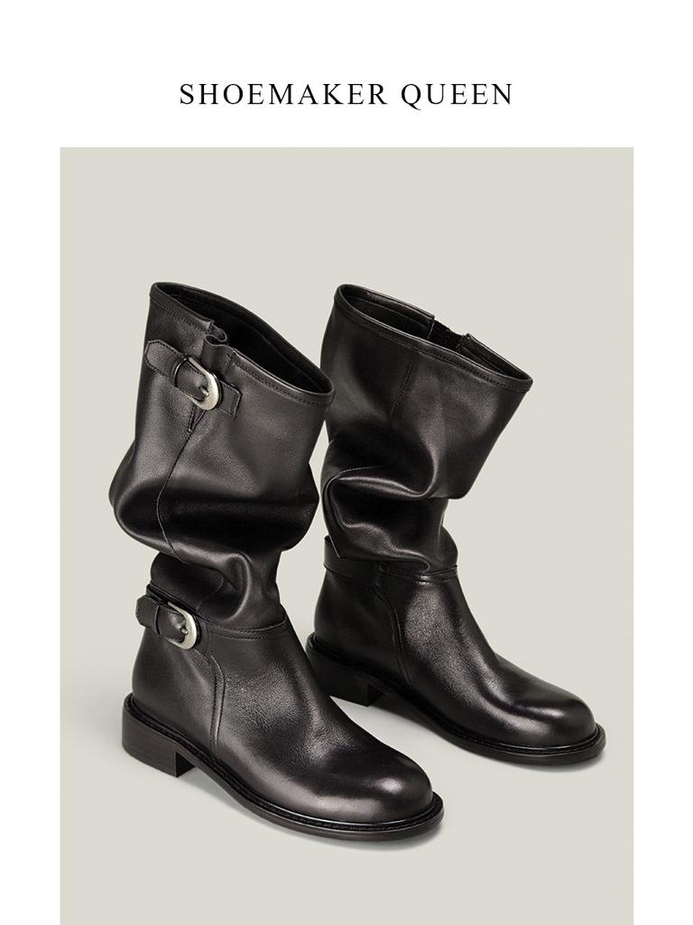 2025 новый оригинальный дизайн ретро металлическая пряжка круглый носок длинный голенище ботфорты на толстом каблуке рыцарский тренд ботинки средней длины