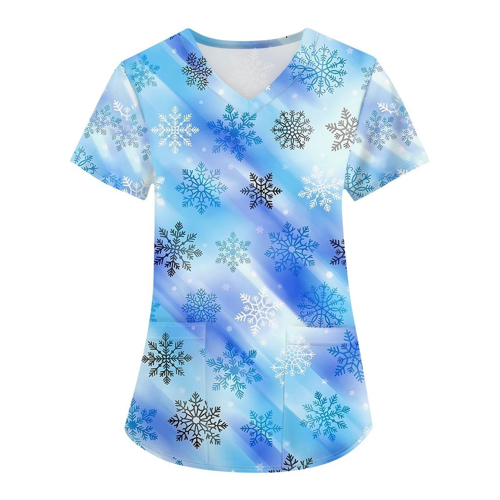 Women's Fashion V-neck Short Sleeve Workwear With Pockets Christmas Printed Tops