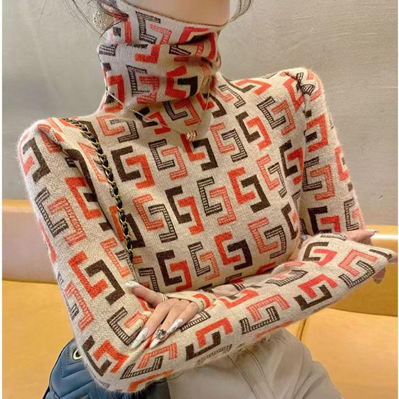 Базовая рубашка с высоким воротом для женщин, осень и зима, новый пуловер с принтом, облегающий крой, тонкая и теплая футболка, внутренний топ