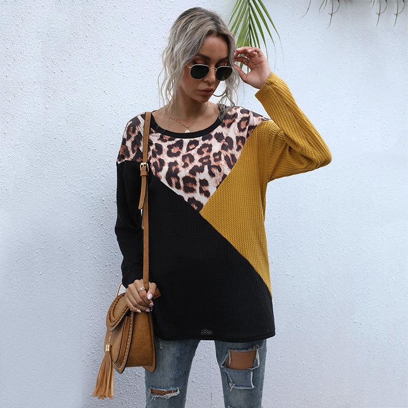 Comfortable Tops Shirts Fashionable and Casual Temperament Top Women Leopard Print Splicing Round Neck Loose Long Sleeve Mid-Length Knit Sweater