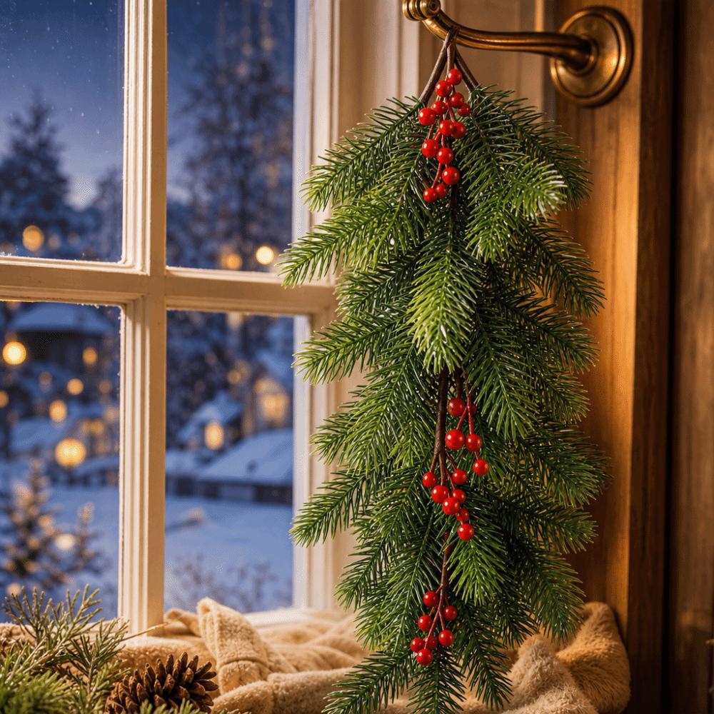 1 pc Plastic Artificial Pine Hanging Spray Realistic Red Berries Teardrop Swag Front Door