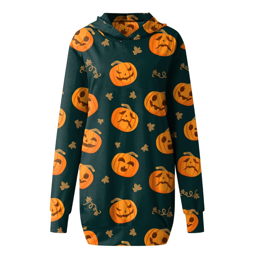 Women's Halloween  Printed Long Sleeve Hooded Pullover Dress Tops