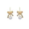 Gehena By Estele - Gold Tone Bow Pearl Drop Earrings For Women