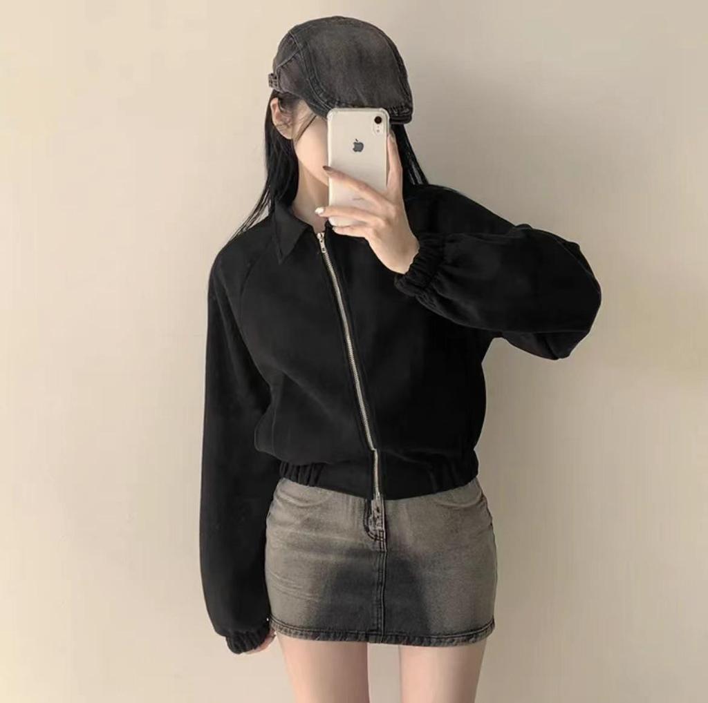 Korean Chic Autumn Retro Faux Suede Stand-Up Collar Zip-Up Jacket for Women