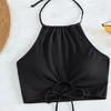 2Pcs/Set Women Summer Bikini Set Hollow Out Halter Bra High Waist Side Drawstring Swimming Trunks Set Bathing Suit Beachwear