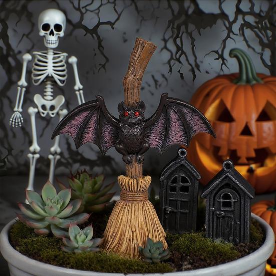 Хэллоуинская метла, фигурка летучей мыши, смола, летучая мышь с красными глазами, настольное украшение для дома в помещении и на улице, декор для патио