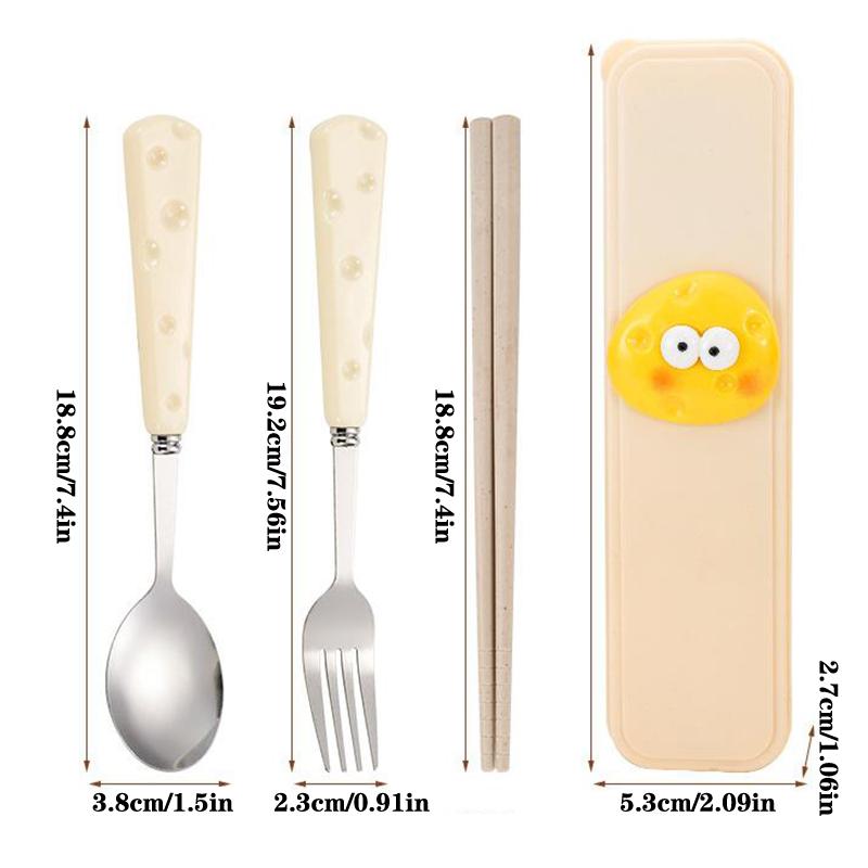 Симпатичная ложка для сыра из нержавеющей стали, вилка, палочки для еды из пшеницы, набор из трех предметов, студенческий детский портативный набор коробок для хранения посуды