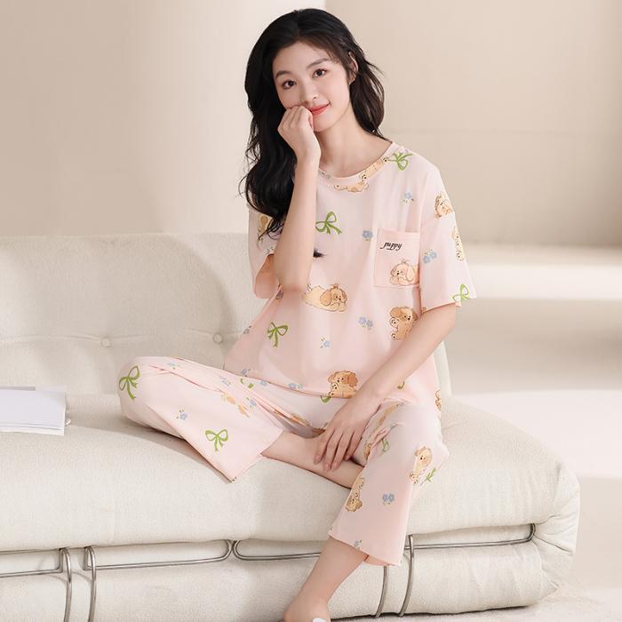 2025 Spring Summer Cotton Pajamas Set for Women Cute Cartoon Print Short Sleeve Tops and Pants Sleepwear Female Casual Loose Pink Pyjamas Homewear