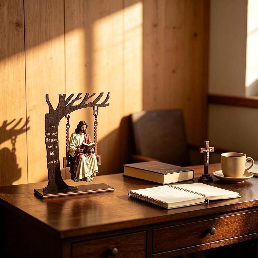 Tree Shape Figure Reading on the Swing Freestanding Base Shelf Decoration Christian Table Decor