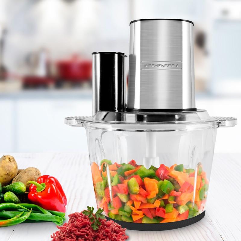 KitchenCook Многофункциональный измельчитель из нержавеющей стали 5 в 1 - 600 Вт - Вместимость (3л) - 4 Лезвия - Венчик - Лопатка - Стеклянная Миска для Смешивания