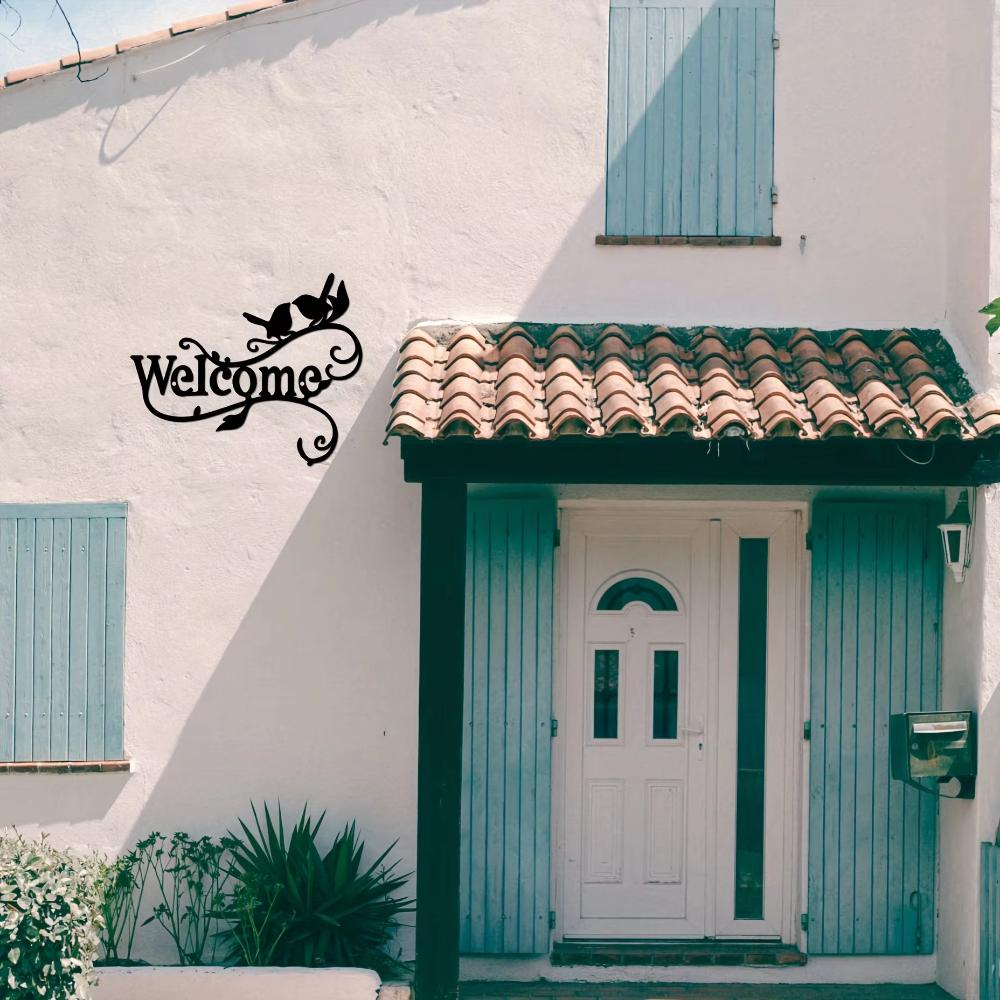 1 шт. Добро пожаловать, металлическая настенная живопись, птицы на ветке, декор, настенный силуэт, скульптура, орнамент, железный знак для украшения офиса