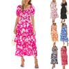 Women's Fashion Square Neck Short Sleeved Waist Cinched Floral Printed Cake Long Dress